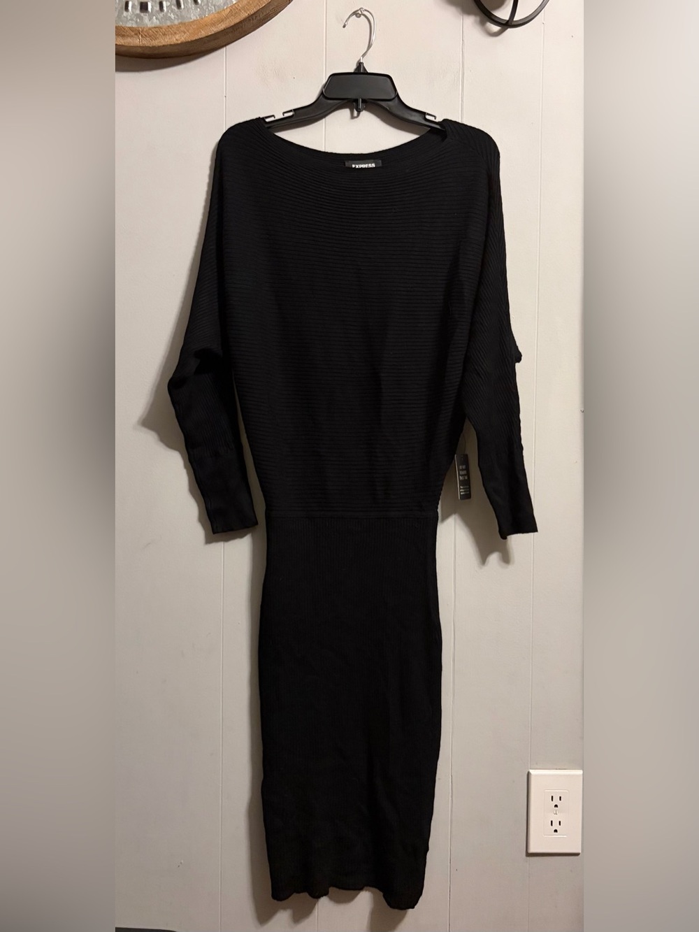 Express Black Ribbed Knit Long Sleeve Bodycon Dress Hits below knee